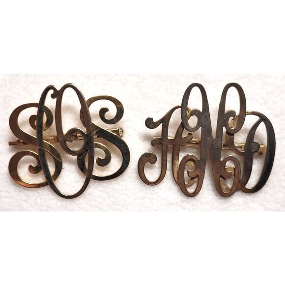 Vintage Monogram 3 Initials Pin Brooch Lot SOS HND Goldtone Script Cursive MCM - Picture 2 of 5